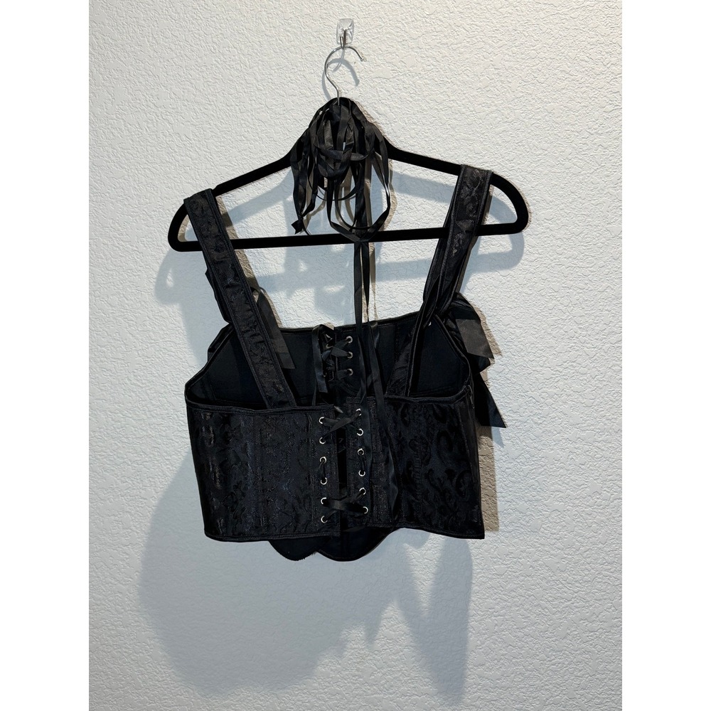 Black Corset Top XXL Satin Lace Up Bustier Ribbon Strap Gothic Coquette Festival - Picture 2 of 4
